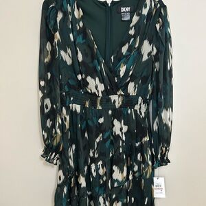 DKNY Teal and Black Patterned Long Sleeve Dress